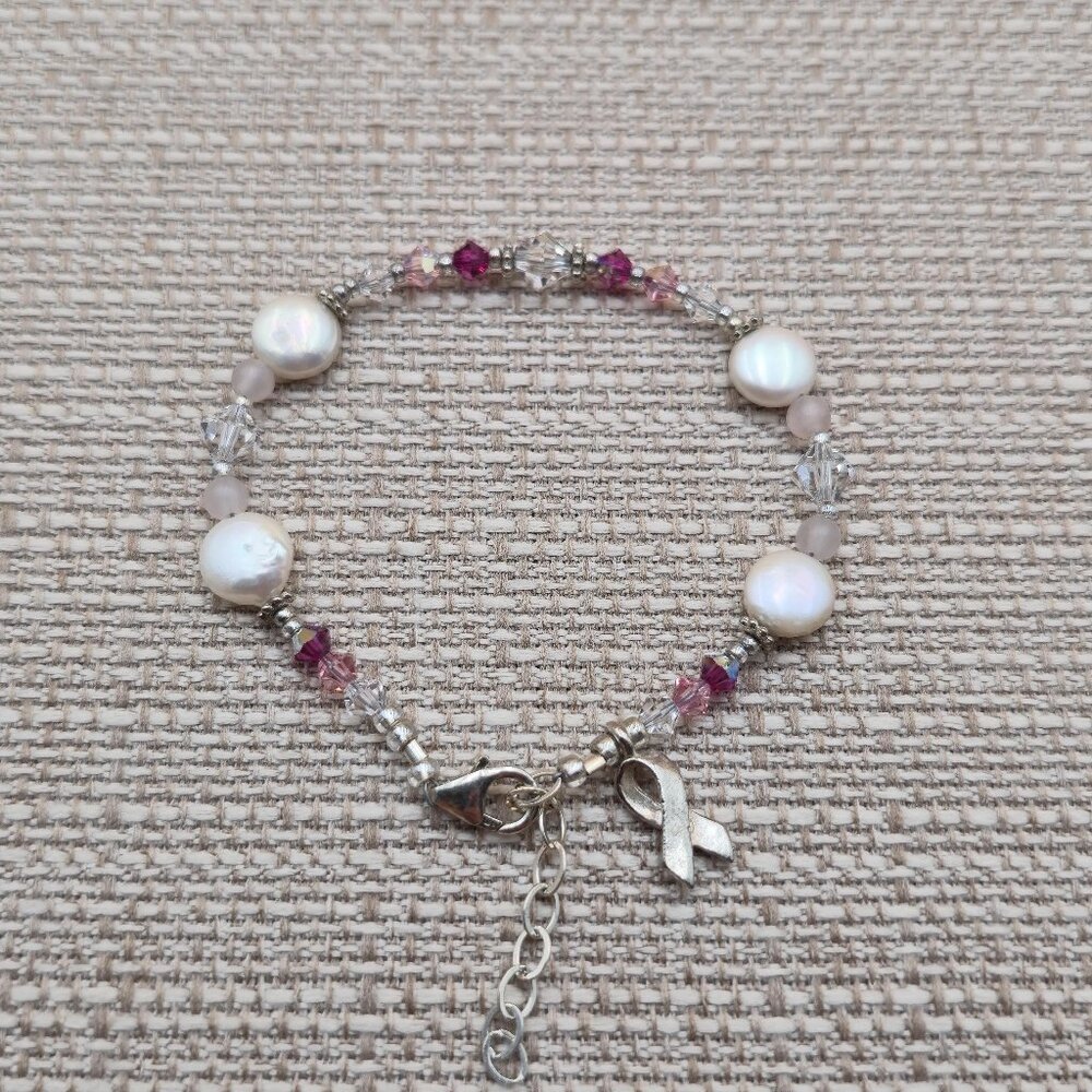 7+1 Inch Sterling Silver Pearl Breast Cancer Charm Bracelet B614